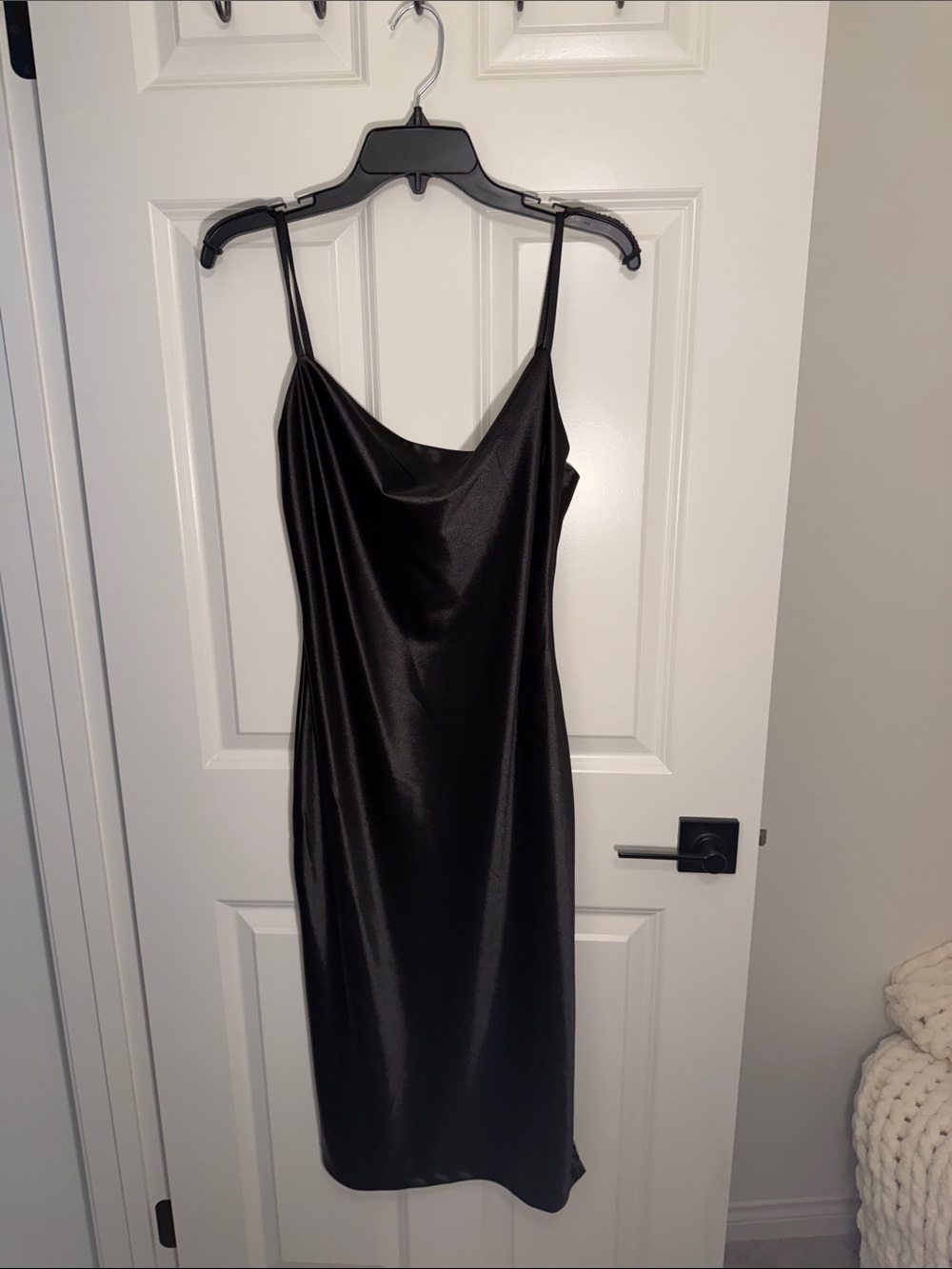 Elegant Black Satin Midi Slip Dress with Cowl Neck